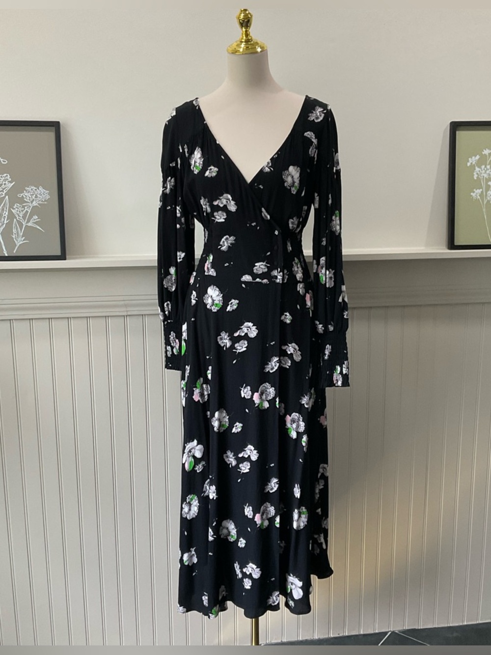 Free People Black Floral Midi Dress Smocked Waist Long Sleeve Boho Small